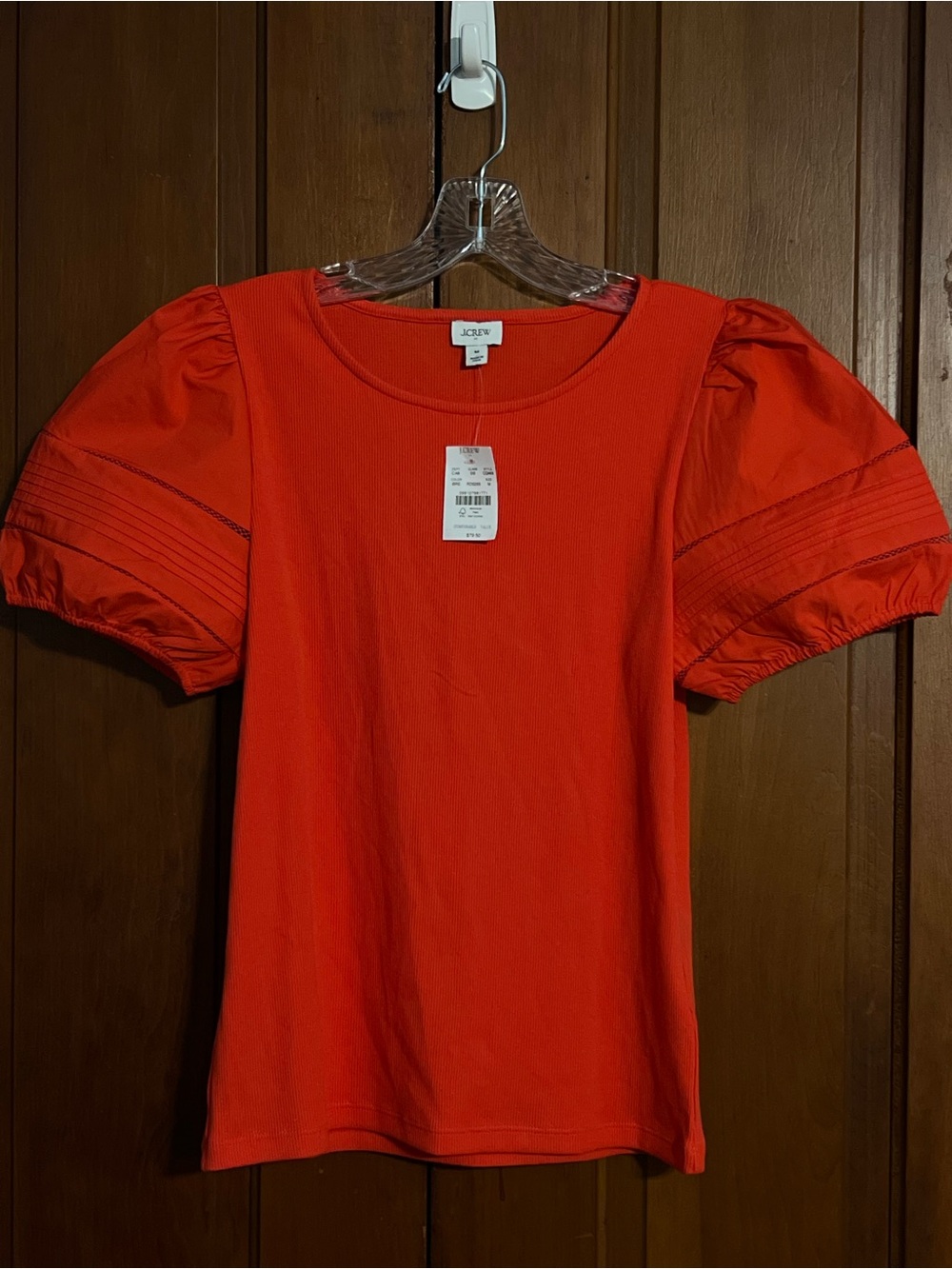 J. Crew Factory Mixed Media Puff Sleeve Top Vibrant Red Orange Colorway Sz M